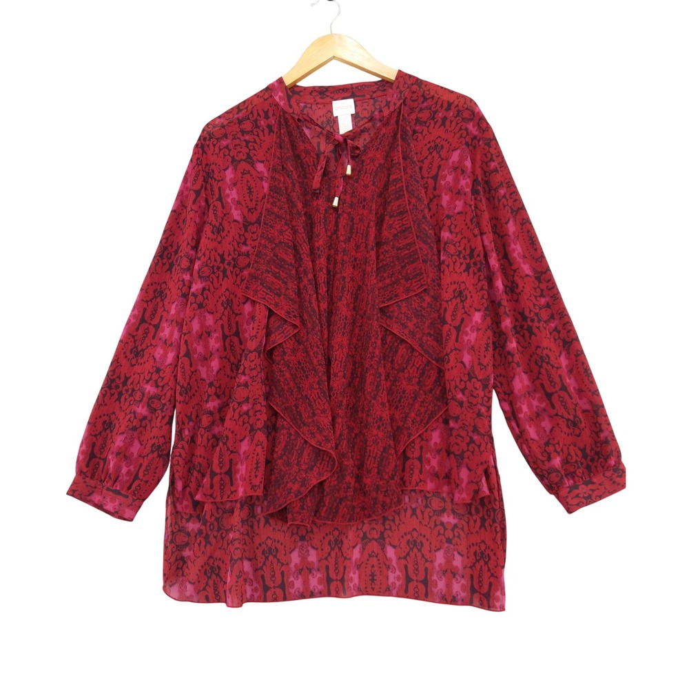 Chicos Blouse Womens 3P XL Red Pink‎ Damask Ruffle Front Tie Neck Sheer Top